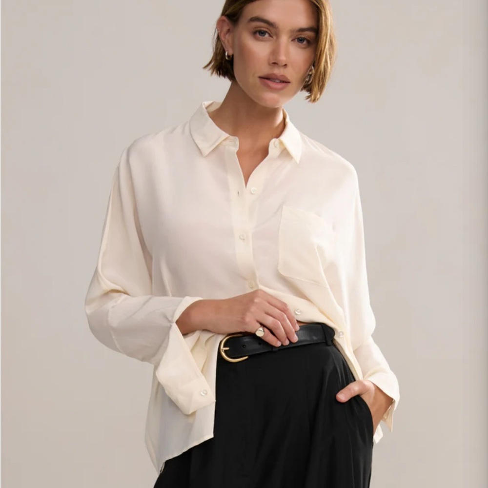 Jenni Kayne Sloane Silk Button-Front Shirt with Chest Pocket in Ivory -S